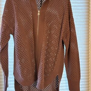 Varley Chestnut Open-Weave Zip Cardigan